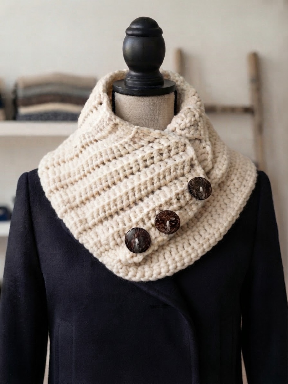 Chunky Cream Crochet Hand Knit Buttoned Neck Warmer